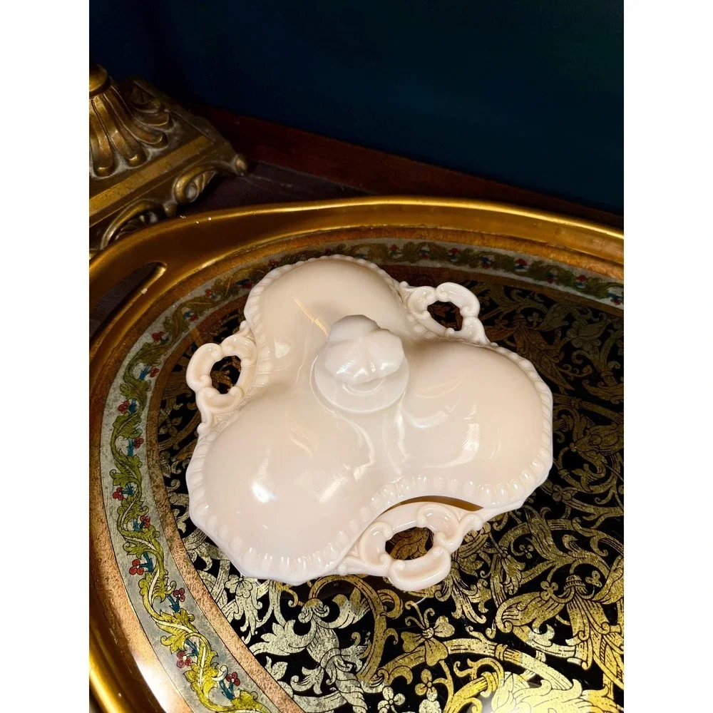Vintage Pink Milk Glass Lidded‎ Divided Dish – Opaline Vanity or Candy Dish